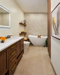 Bathroom vanity in Stillwater, MN condo, featuring eco-friendly design by Fusion Designed Interiors.