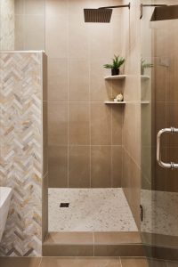 Modern bathroom in Stillwater condo, designed by Fusion Designed Interiors with sustainable fixtures.