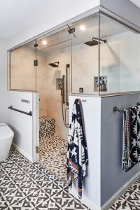 Contemporary bathroom renovation incorporating universal design for accessibility, by Fusion Designed Interiors.